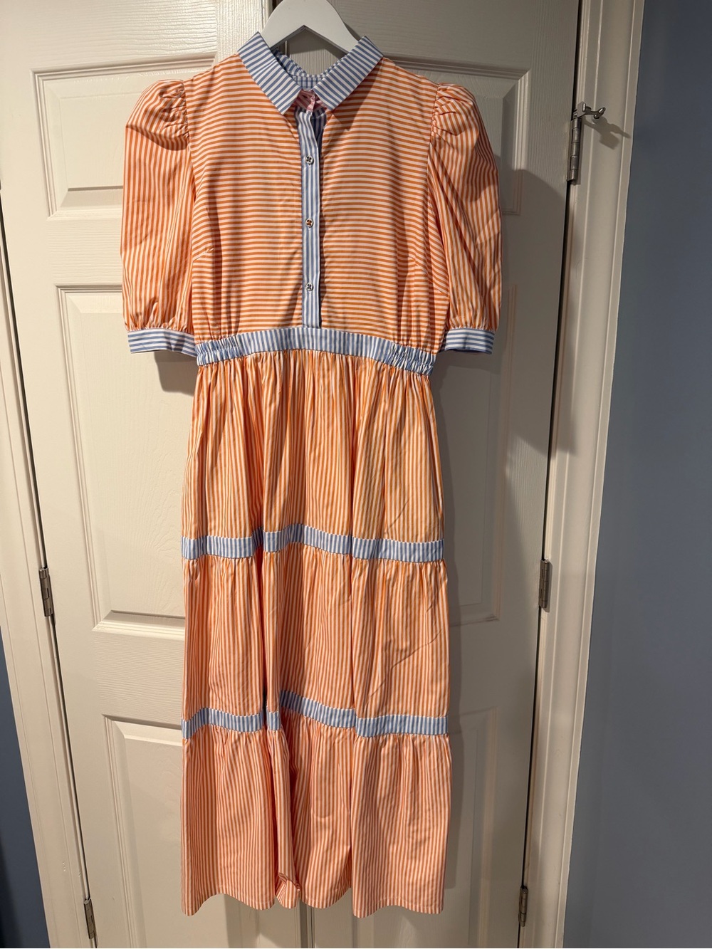 Gretchen Scott Designs Orange Stripe Midi Dress with Blue Trim